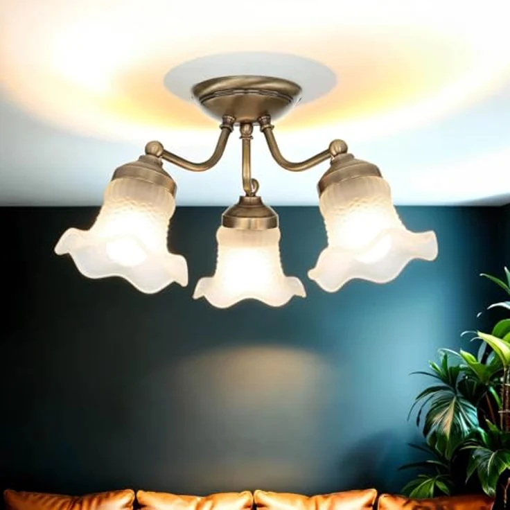 Licht-Erlebnisse Premium Deckenleuchte Messing Glas in Bronze Weiß H:23 cm E14 3-flmg blendarm wohnlich Florale Deckenlampe Esstisch – Bild 1