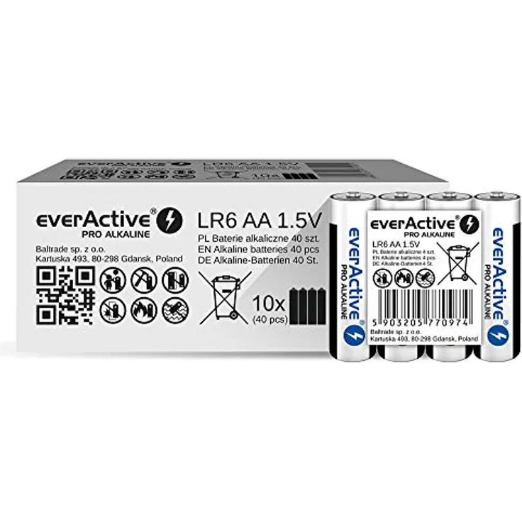 everActive AA Batterien 40er Pack, Pro Alkaline, Mignon LR6 R6 1.5V, höchster Leistung, 10 Jahre Haltbarkeit, 40 Stück