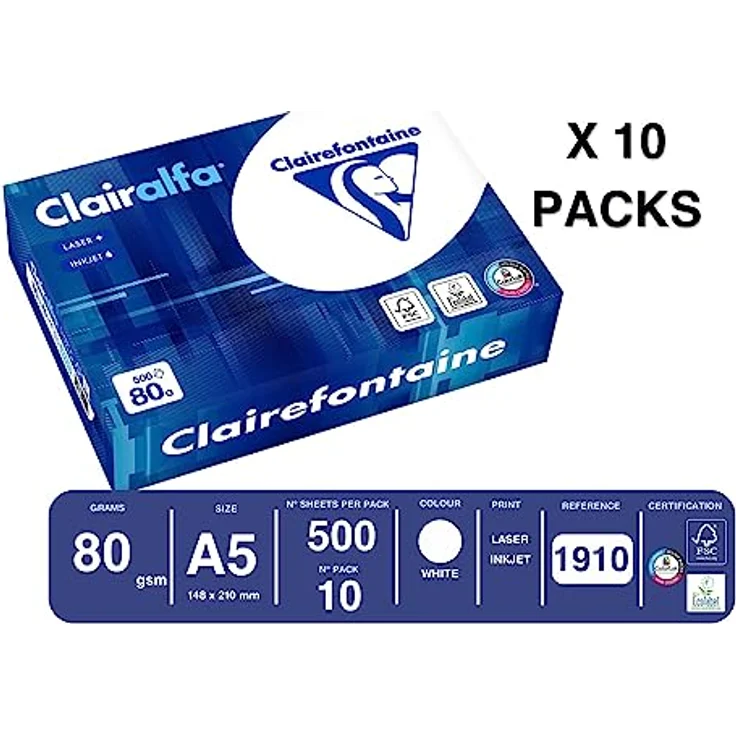 Clairefontaine 1910C - Karton mit 10 Ries Druckerpapier / Kopierpapier Clairalfa, extraweiß, DIN A5, 80g, 500 Blatt x 10, Weiß, 1 Karton - Multifunktionales Premium Druckerpapier mit extraweißer, glatter Oberfläche – Bild 2