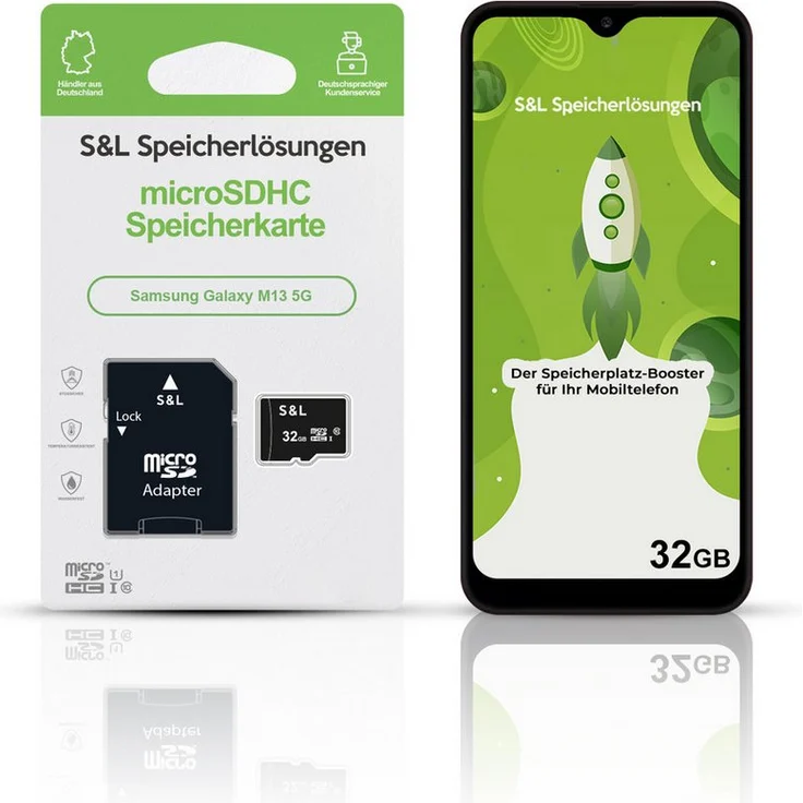 Tec-Expert microSD Karte S&L für Samsung Galaxy M13 5G, 32 GB, Class 10, microSDHC, stoßfest und wasserdicht