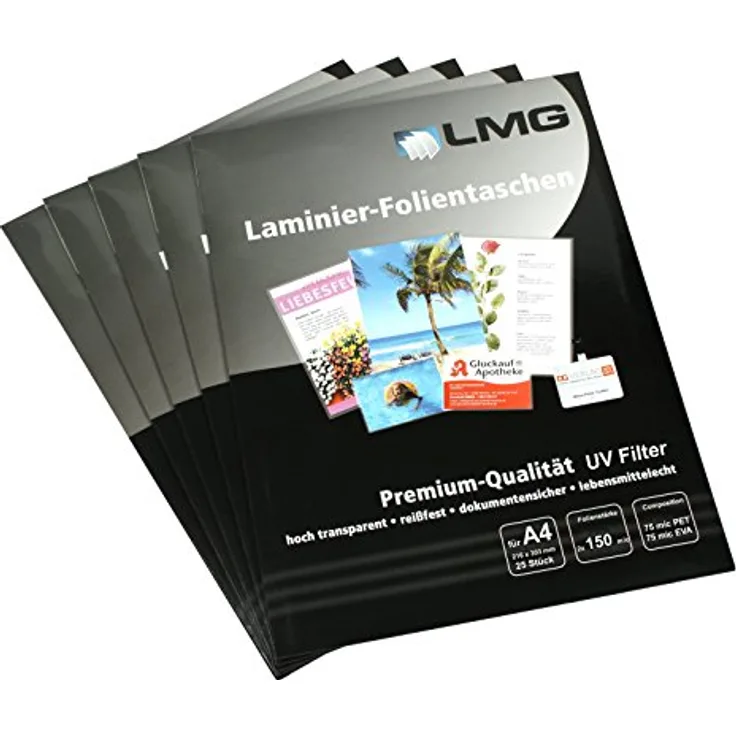 LMG LMGA4-150UV-25 Laminierfolien A4, 216 x 303 mm, 2 x 150 mic mit UV Filter, 25 Stück