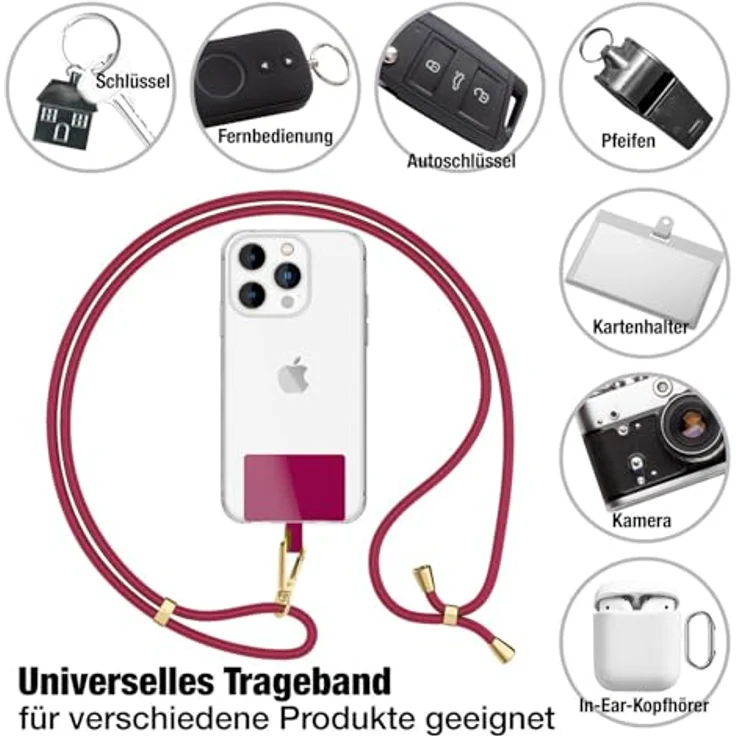 Nalia HoldMe Air Handykette Universal Smartphone, gold, 160cm mit Karabiner und 2 Pads für Full-Cover Hüllen – Bild 4