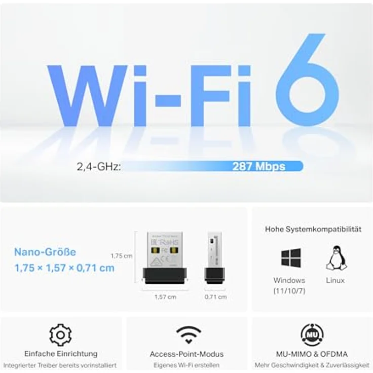 TP-Link Archer TX1U Nano V1, USB 2.0 Netzwerkadapter mit Wi-Fi 6, bis zu 287 Mbit/s, MU-MIMO, Access-Point-Betriebsmodus, interne Antennen – Bild 4