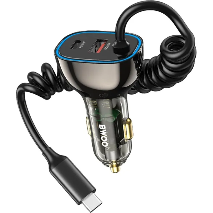 BWOO CC96C 30W PD Kfz-Ladegerät mit 1x USB-C und 1x USB-A Anschluss, grau, inkl. spiralkabel