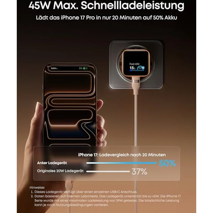 Anker Nano 45W USB C Ladegerät, smartes GaN Schnellladegerät mit Display und Schonmodus für iPhone 17/16/15 Serie, iPad, MacBook – Bild 3