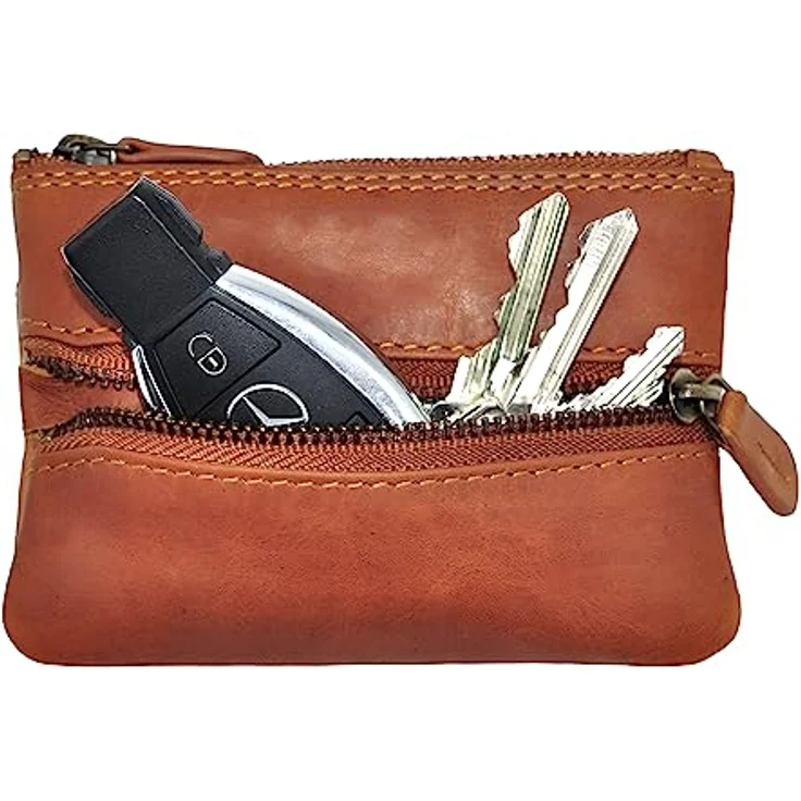 Benthill Schlüsseletui Echt Leder | Schlüsseltasche Klein mit 3 Fächern | Schlüsselmäppchen für Damen & Herren inkl. Geschenkbox, Farbe:Braun – Bild 1