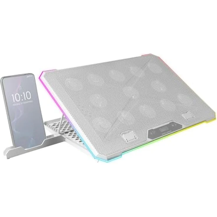 Mars Gaming MNBC13, Laptop-Ständer und Kühlfuß für Notebooks bis 17", 13x Lüfter, ARGB-Beleuchtung mit 10 Modi, 8 Positionen einstellbar, LCD-Display, Smartphone-Ständer, Weiß – Bild 1