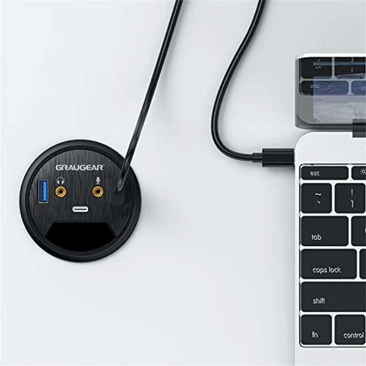 GRAUGEAR | USB 3.0 Tisch-HUB | 3 Ports | 1x USB-C | 2X USB-A | Audio I/O | Einbau in 60mm Schreibtischloch | Kabellänge 150cm | Staubschutzabdeckung | 5Gbit/s | G-THUB-AU-60 – Bild 2