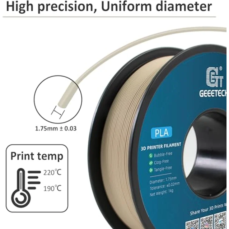 GEEETECH Filament PLA 1.75mm, Holz, 1kg Spule, ±0.02mm Toleranz, 190-220°C Temperaturbereich – Bild 2