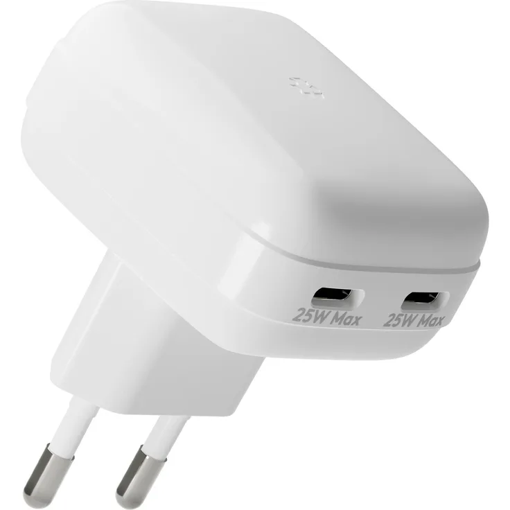 dbramante1928 Re-Charge, EU Flat Wall Charge (25 W), USB Ladegerät aus 100 % recyceltem Kunststoff, Weiss, schnell und sicher für zwei Geräte