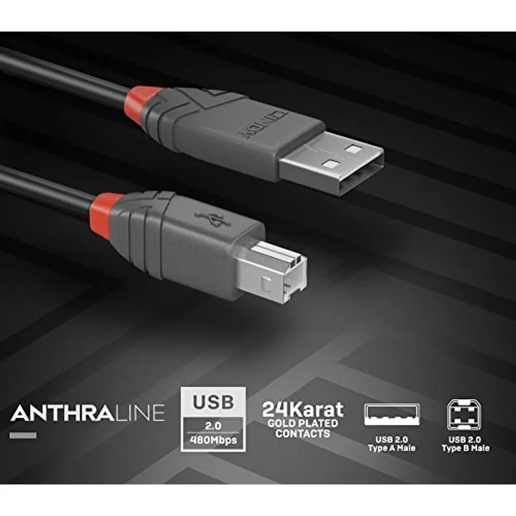 Lindy Anthra Line - USB-Kabel - USB (M) bis USB Typ B (M) - USB2.0 - 7,5m - rund - Schwarz (36676) – Bild 2