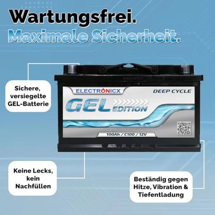 Electronicx GEL Batterie 100 AH 12V, wartungsfreie Versorgungsbatterie für Freizeit und Marine, temperaturrobust bis 60°C, kippbar bis 90° – Bild 5