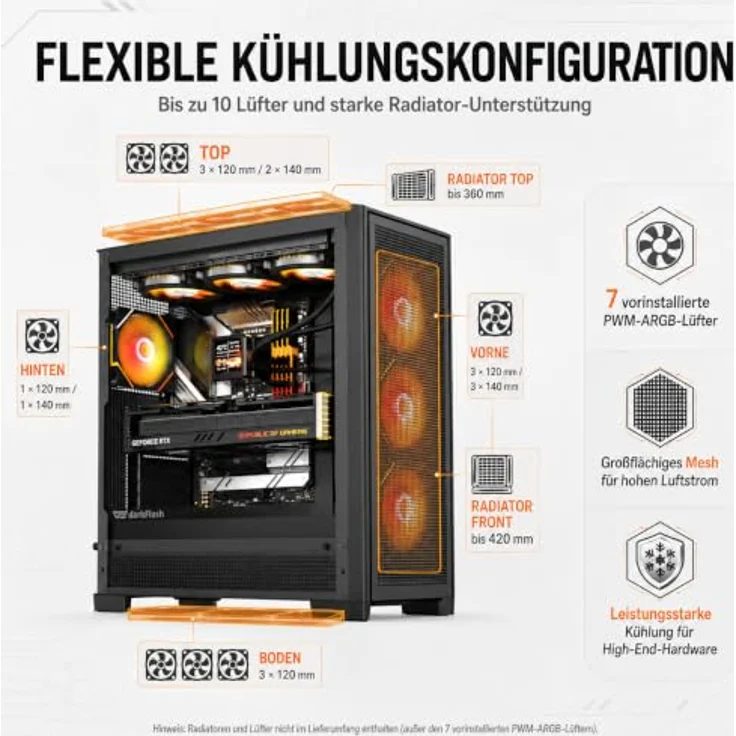 darkFlash AIRNOVA BLK +3F, Big-Tower Computergehäuse mit 3x 120-mm-Lüftern und USB-Typ-C-Anschluss, schwarz – Bild 7