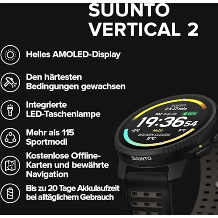 Suunto Vertical 2 All Black, Outdoor Smartwatch wasserdicht bis 100 m, robuste Design – Bild 2