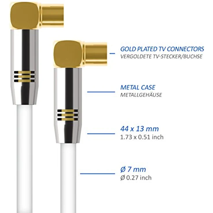 deleyCON 3m TV Antennenkabel PREMIUM HDTV Full HD - 2x gewinkelt - Koaxialkabel - TV-Stecker (90° Grad) zu TV-Buchse (90° Grad) - Weiß - METALL – Bild 5