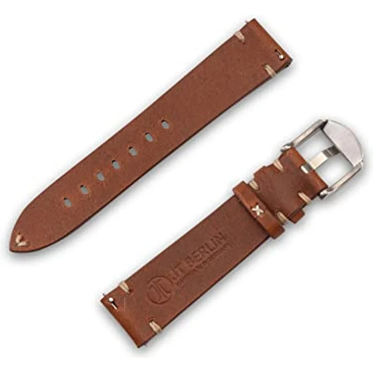 JT Berlin "Alex II Vintage Ersatz-Armband (20mm) für Samsung Galaxy Watch/Amazfit/Garmin Forerunner [Handgefertigt in Deutschland, Leder/Nytech Ersatzband, Edelstahl] braun/silber