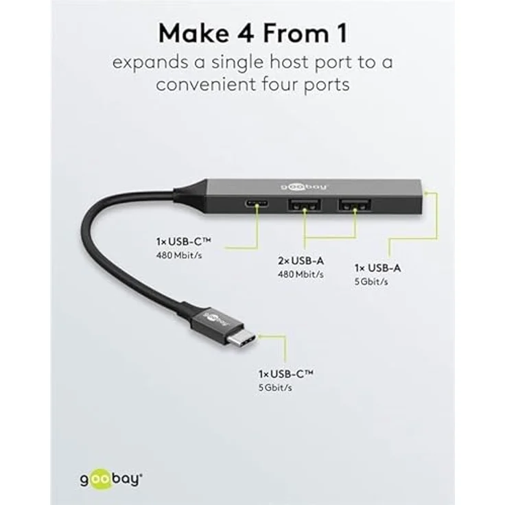 goobay 4-Port USB 3.2 Hub Slim, USB Verteiler mit USB-C zu 3X USB-A und 1x USB-C, 5 Gbits USB Splitter, Aluminiumgehäuse - 74459 – Bild 3