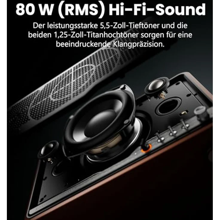 Edifier S300, Kabelloser Hi-Fi-Tischlautsprecher mit 80 W Leistung, AirPlay 2, Hi-Res-Audio und Fernbedienung – Schwarzes Walnussholz – Bild 3