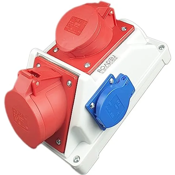 RoadEu - Kombi Wandsteckdose - Wandverteiler 32A, 16A CEE Steckdose mit Schuko 230V - Baustromverteiler 16A 32A - PCE Steckdosen - Aufputz Verteilerkasten - Stromverteiler Innen und Außen, IP44-Gehäuse, isolierte Bauform