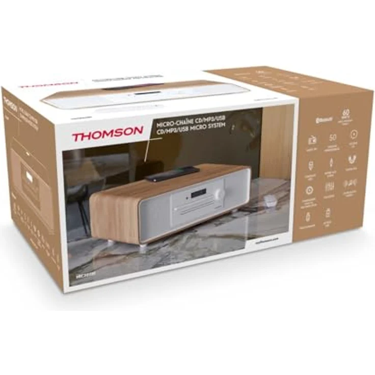 Thomson Micro-Hi-Fi-System MIC301IBT, Bluetooth-Lautsprecher in Weiss und Holz, 10 W RMS-Leistung, FM- und digitales UKW-Radio, Bluetooth, USB-Anschluss, Induktionsladefunktion – Bild 3