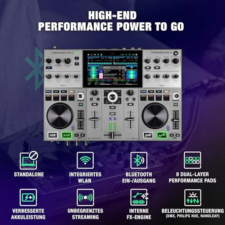 Denon DJ PRIME GO+, tragbarer DJ Controller und Mischer, WLAN-Streaming, Bluetooth, Lichtsteuerung, 7-Zoll Touchscreen, Akkubatterie – Bild 2