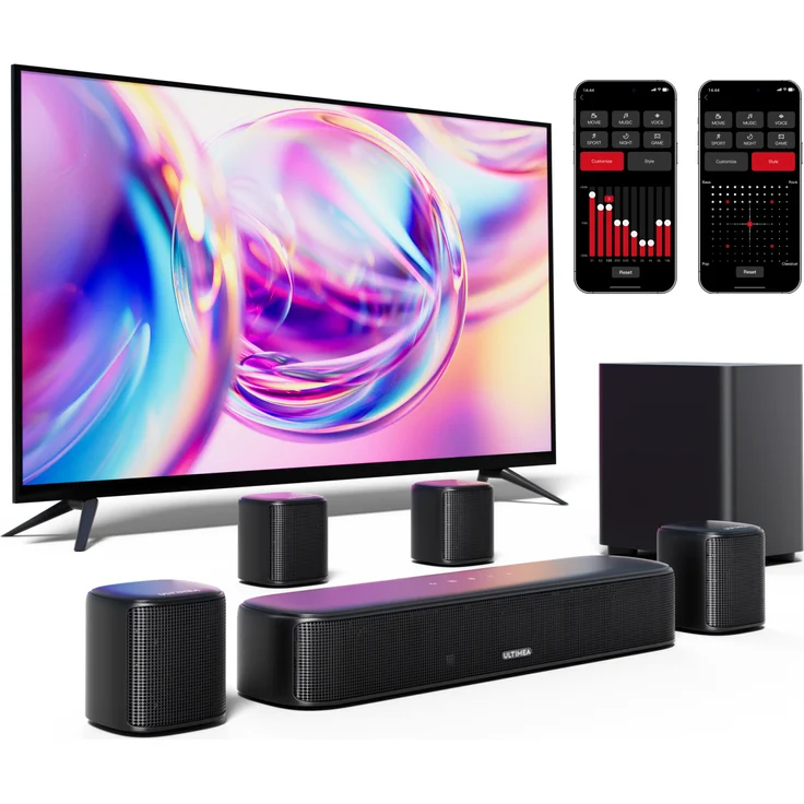 Ultimea Aura A40 7.1ch Soundbar mit Subwoofer für TV, Surround Sound System für Heimkino, App Steuerung, 4 Surround Lautsprechern, verstellbarem EQ