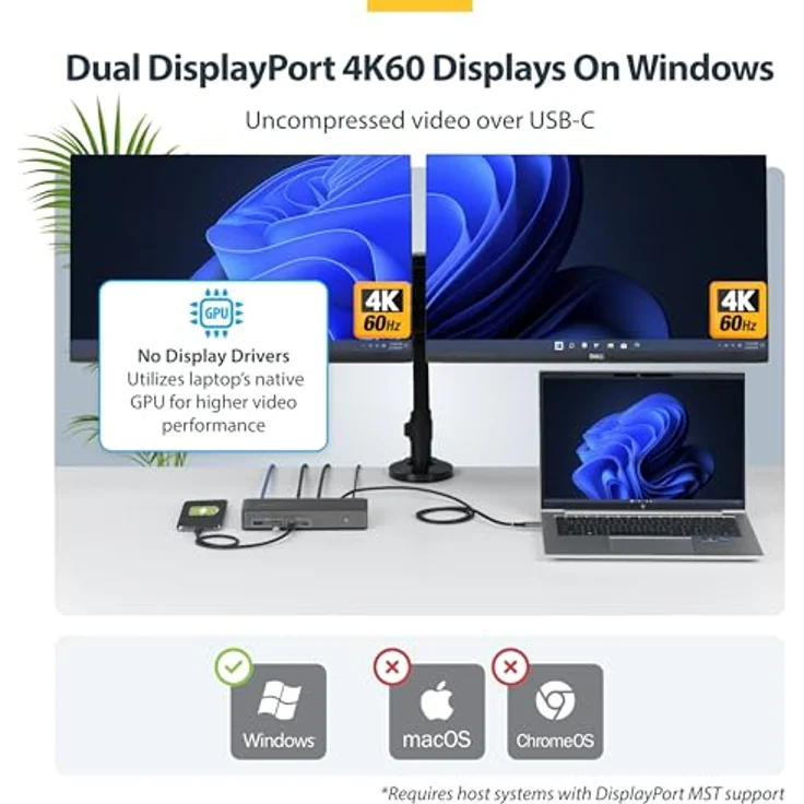 StarTech USB-C Dockingstation, Dual 4K 60Hz DisplayPort MST Dock, 100W Power Delivery, 1GbE, treiberlos für Windows – Bild 3