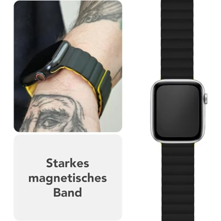 NALIA Core Magnet Armband für Apple Watch Ultra/SE/10/9/8/7/6/5/4/3/2/1, Atmungsaktives Silikon Loop mit Rillendesign, Farbe: Nachtschwarz Gelb, 42/44/45/46/49mm – Bild 3