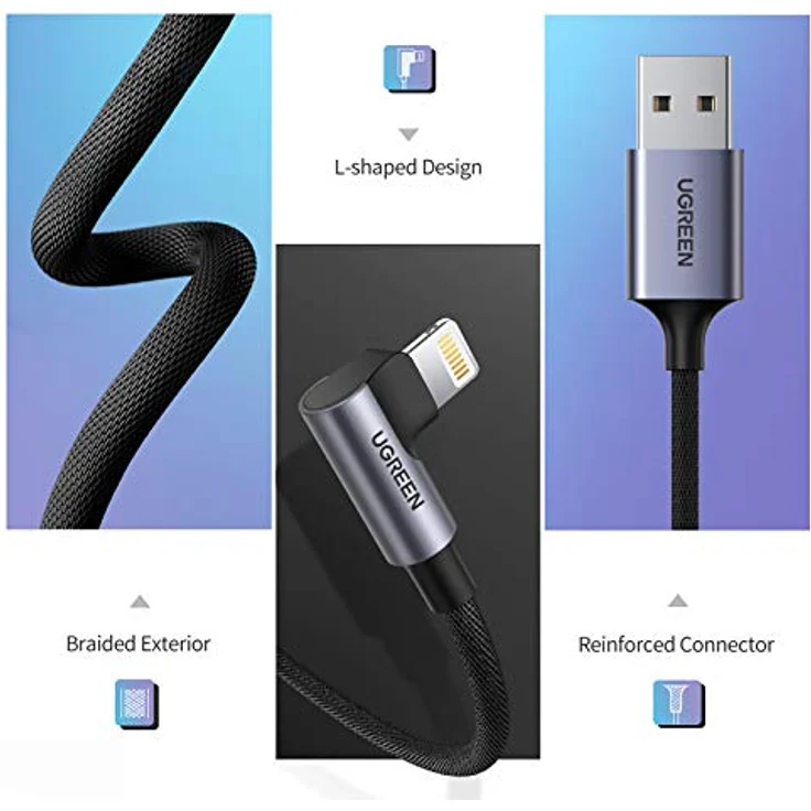 Ugreen US299 Winkel Lightning auf USB-A Kabel, MFi, 2.4A, 1 Meter - Schwarz, abriebfest und ergonomisches Design für komfortables Gaming – Bild 5