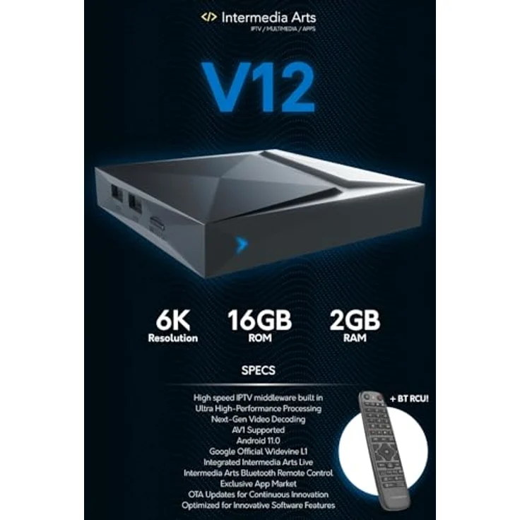HTS e-com Intermedia Arts V12 Android 11 Box, 4K UHD Streaming-Client, Quad Core ARM Cortex 2.0 GHz, 2GB RAM, 16GB eMMC, BT 5.1, Gigabit LAN, 5G WLAN, inkl. Bluetooth Fernbedienung und HDMI-Kabel – Bild 4