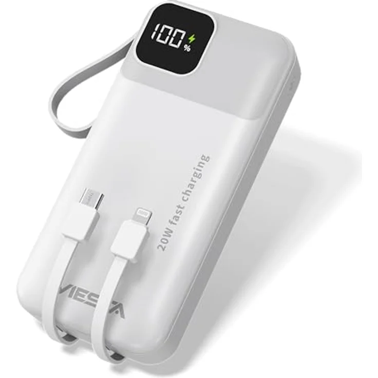 UMBRAELLA Powerbank USB-C [20.000mAh] Weiß - Fast Charging 22.5 W, PD20 W, Integrierte Type-C und Micro USB Kabel, Digital Display & Taschenlampe – Bild 1