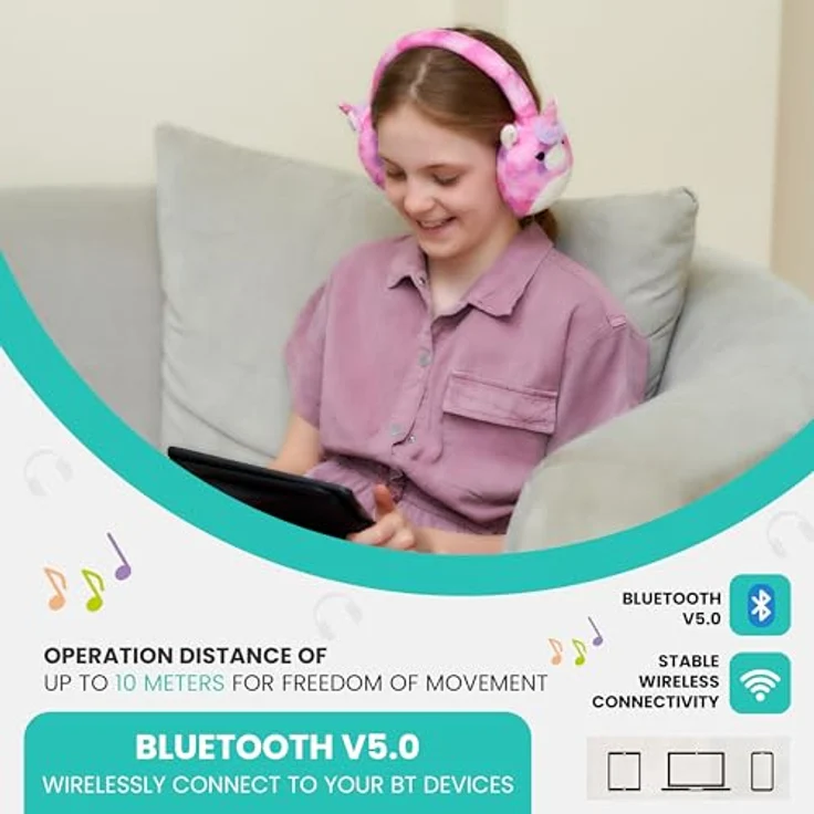 Squishmallows Lola the Unicorn, Bluetooth Kopfhörer mit Mikrofon, bis zu 6 Stunden Akkulaufzeit, rosa – Bild 4