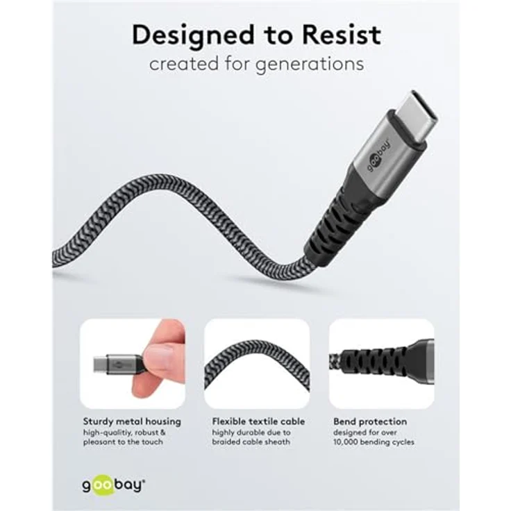 Goobay USB-C-Textilkabel 60 W Power Delivery, 1,5 m, schwarz-grau, Y-Verzweigung für gleichzeitiges Laden und Datenübertragung – Bild 9