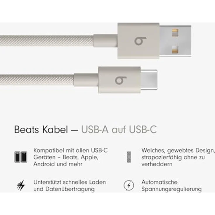 Beats USB-A auf USB-C Gewebtes Kabel, 1,5 m, schnelles Laden, langlebig und verwicklungsfrei, Energie-Grau – Bild 2