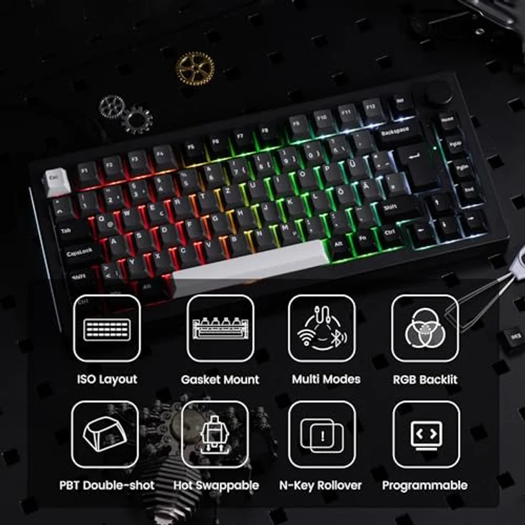 Akko 5075B Plus VIA Mechanische Tastatur, 75% ISO-Layout, 3-Modus Gaming, Hot Swappable Linear Switch, Cherry PBT-Tasten, Schwarz Silber, Rosewood – Bild 2