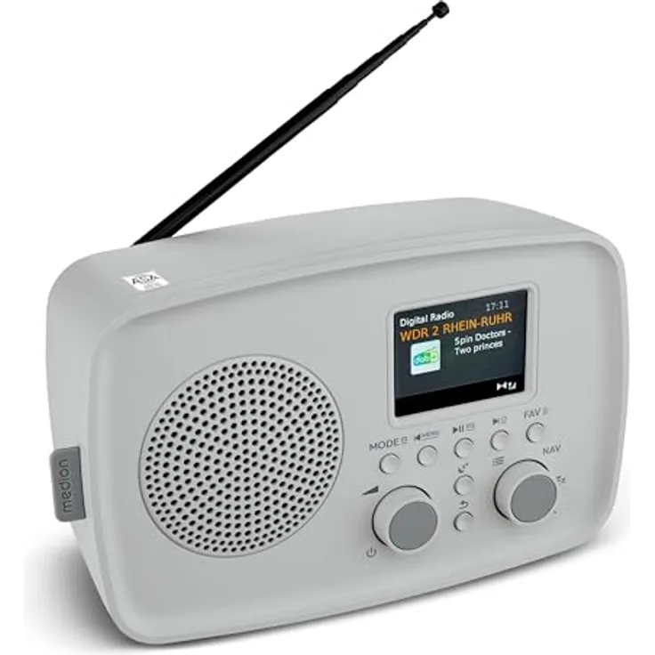MEDION DAB+ Radio DRE-1, DAB Plus und UKW Radio mit Bluetooth 5.3, Tropfwasserschutz, Teleskopantenne, Weckfunktion, grau