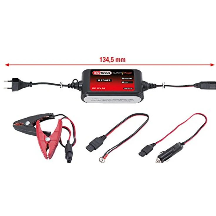 KS Tools 550.1730 Kfz-Ladegerät 2A, vollautomatischer Ladezyklus, spritzwassergeschützt IP44, für Bleisäure- und AGM-Batterien, inklusive 3 Anschlusskabel – Bild 2