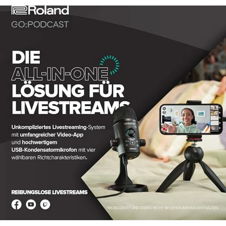 Roland GO:PODCAST Video-Podcast-Studio für Smartphones, inkl. hochwertigem USB-Mikrofon mit vier Richtcharakteristiken, Livestream-System für Podcaster & Vlogger – Bild 2