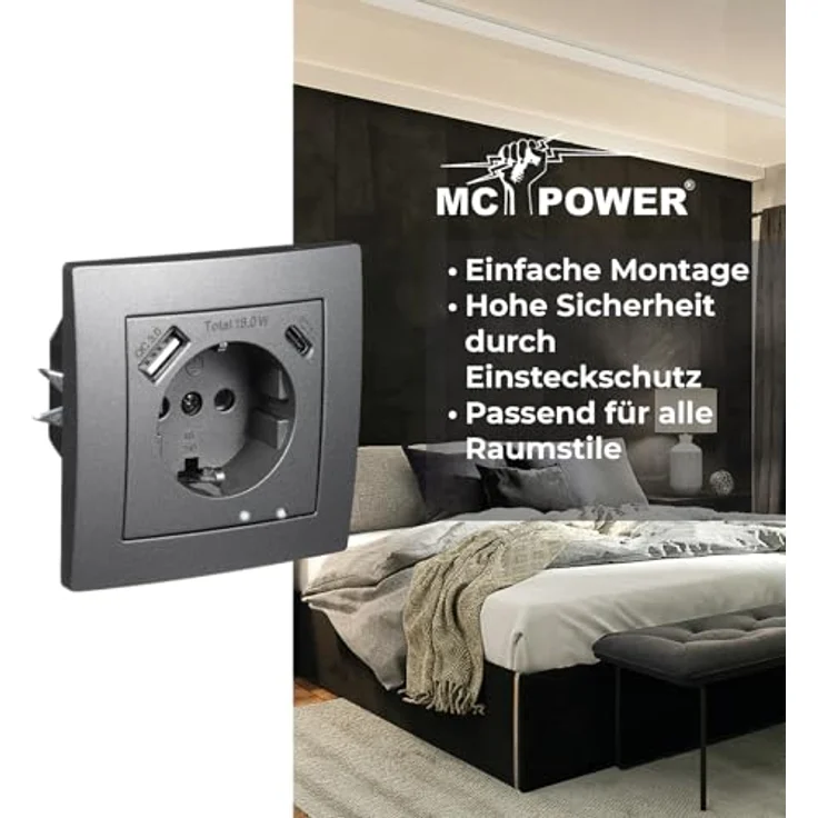 McPower FLAIR Schutzkontakt Steckdose mit 1x USB-C (18W Quickcharge), 1x USB-A, Einsteckschutz, anthrazit matt, Unterputz, 250V~/16A – Bild 4