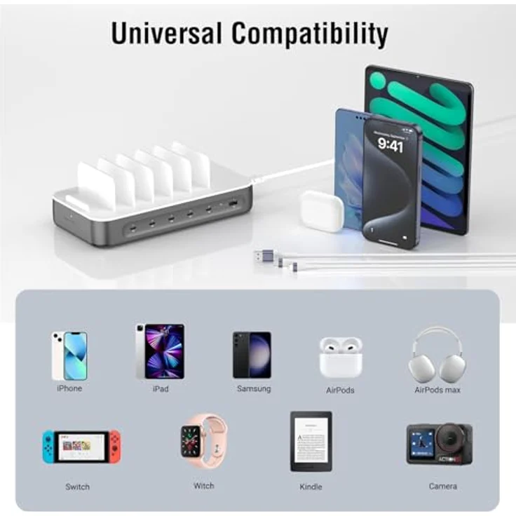 4smarts Ladestation „Team 5C/1A“, Induktions-Ladegerät mit 6 Anschlüssen, 5x USB-C und 1x USB-A, inklusive 4in2-Multiladekabel, schneller 20W Ladeleistung, Sicherheitsmechanismen – Bild 4
