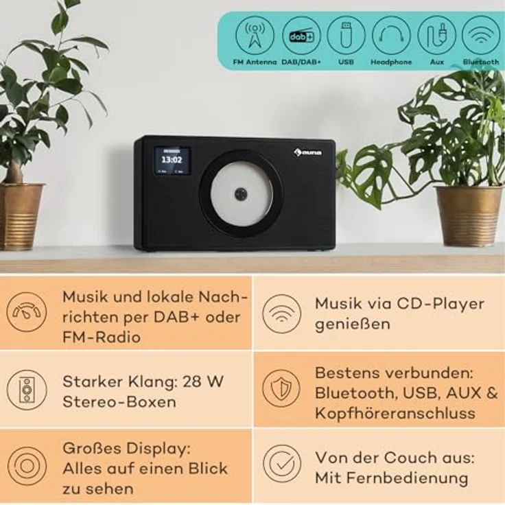 Auna Vertico Swing DAB, DAB+/FM Radio mit CD-Player, Bluetooth, LCD Display, Weckfunktion, Fernbedienung, wandmontierbar, Klein – Bild 2