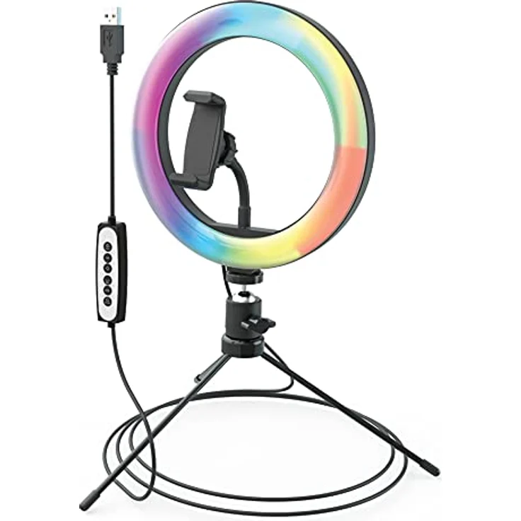 DigiPower 10" RGB Ringlicht mit 3 Beleuchtungsmodi, 15 RGB Farben und 10 Helligkeitsstufen, Smartphone-Halterung (iOS/Android), für für Make-Up, YouTube, TikTok und Vlogging, DP-VRL10RGB, schwarz – Bild 2
