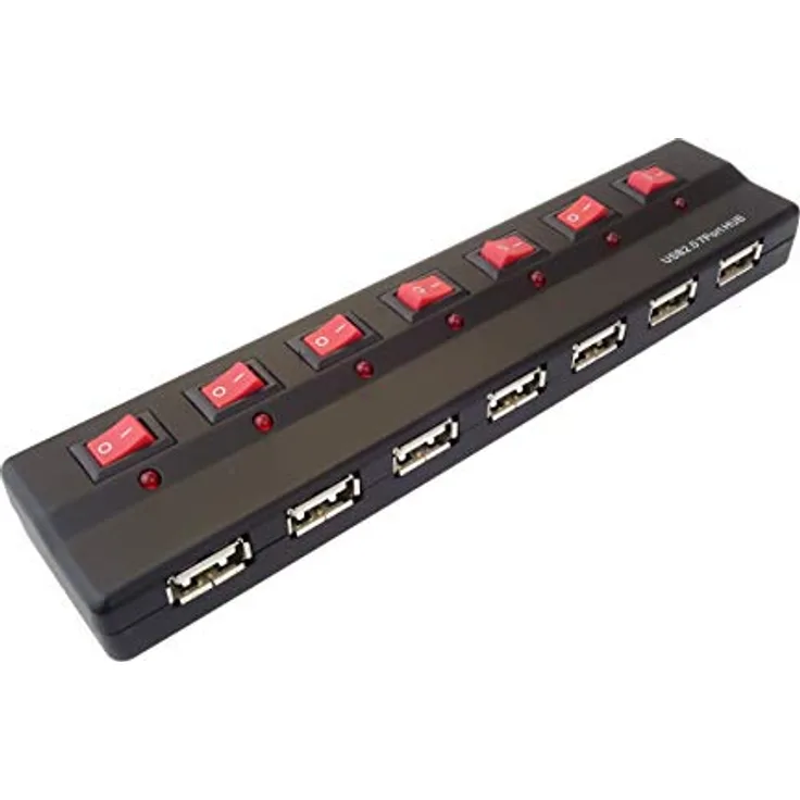 PremiumCord USB Hub 7 Port mit Netzteil und Netzschalter, USB 2.0 high Speed, bis zu 480 Mbit/s