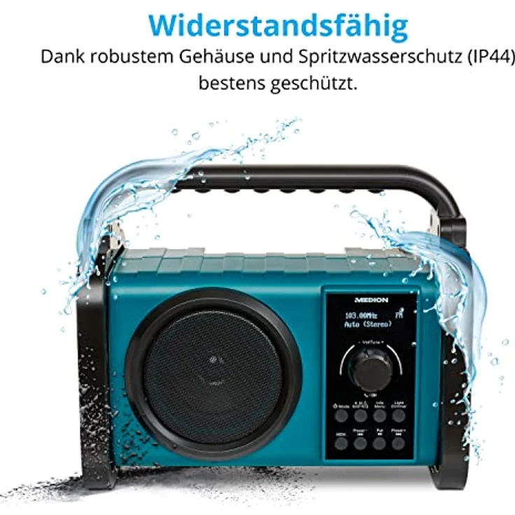 MEDION E66877 DAB+ Baustellenradio (Robustes Gehäuse, Spritzwassergeschützt (IP44), Bluetooth 5.0, PLL UKW Radio, LED-Arbeitslicht, Akku- und Netzbetrieb) blau – Bild 3