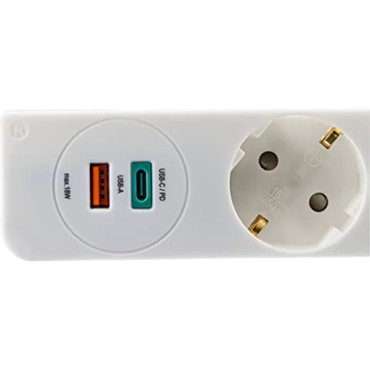 Hama Steckdosenleiste, 3-fach, mit USB-A und USB-C-Buchse (PD/Quick Charge, max. 18W, 5in1 Mehrfachsteckdose mit Schalter, Schutzkontaktstecker, Buchsen inkl. Berührungsschutz, 1,4m) weiß – Bild 4