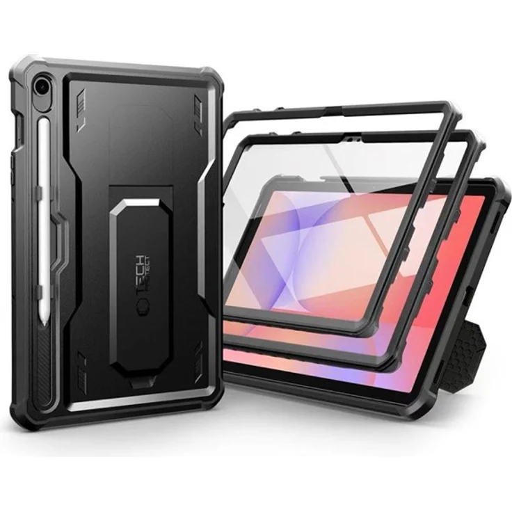 Tech-Protect Kevlar Pro Case für Samsung Galaxy Tab S9 - Schutzhülle mit 360-Grad-Schutz, sturzsicherem Design, integriertem Kickstand und Stylus-Fach, schwarz