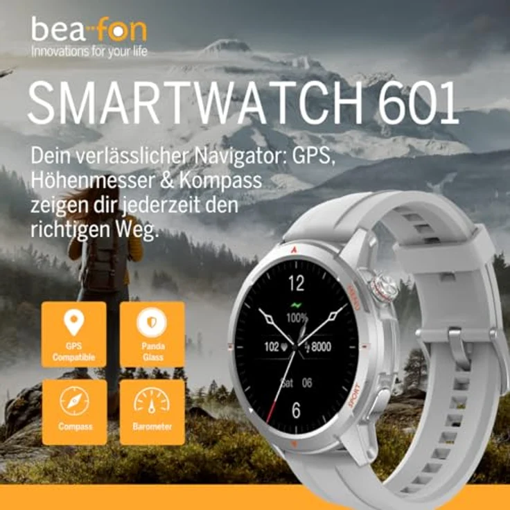 Beafon Smartwatch 601, 1,43“ AMOLED Display, Bluetooth Anrufe, GPS, Kompass, Höhenmesser, IP68, 5ATM, orange Sportband – Bild 2