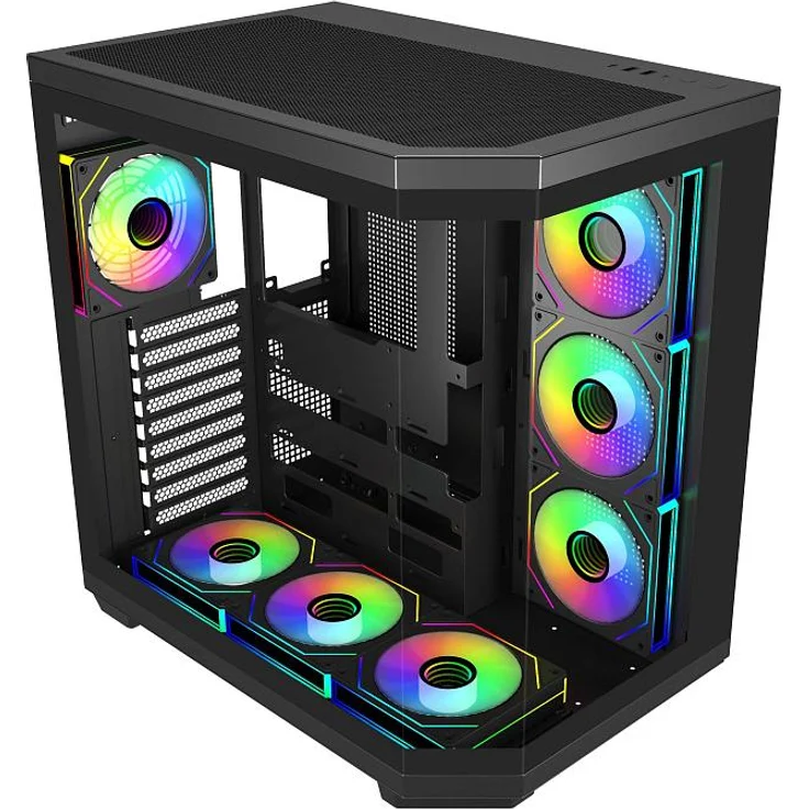 FSP U580-BA Gehäuse Full Tower, mITX/mATX/ATX, Schwarz mit ARGB-Beleuchtung, 7 vorinstallierte 120-mm-Lüfter, Glas-Seitenteile