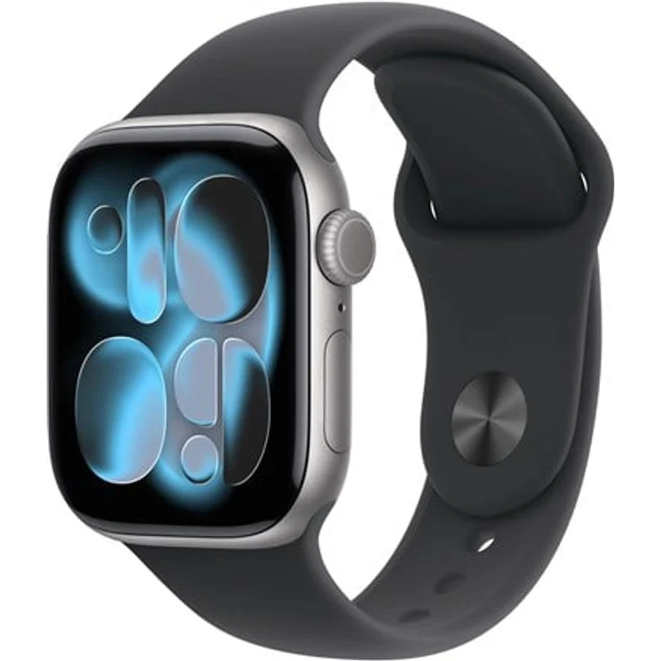 Apple Watch Series 11 GPS, 42mm Space Grey Aluminium mit schwarzem Sportband, M/L, 24h Akkulaufzeit, kratzfeste Glasscheibe