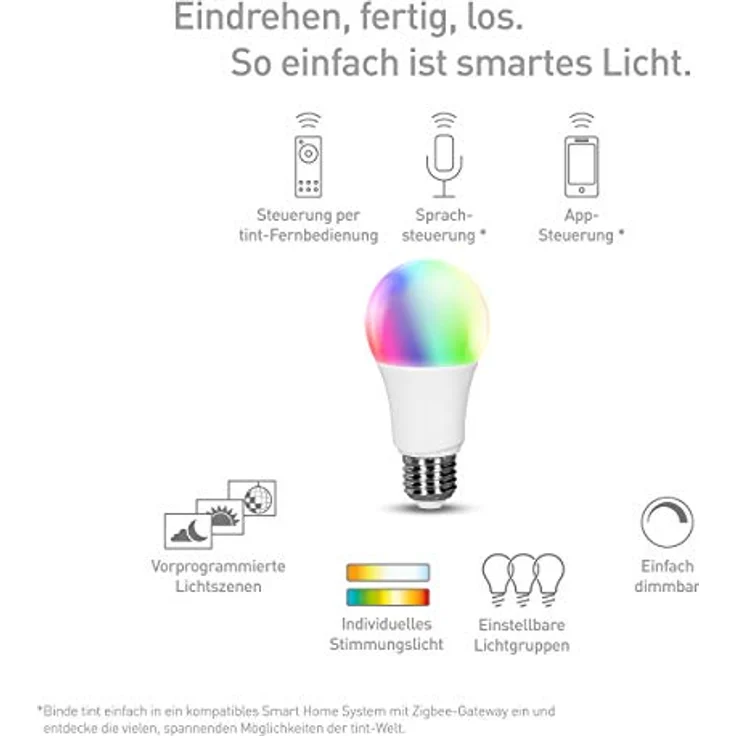 tint Smarte LED-Birne E27 – Steuerbar per Alexa, Fernbedienung oder App – Dimmbare E27 Glühbirne mit weißem und farbigem Licht RGB, 9,5 W – Bild 2